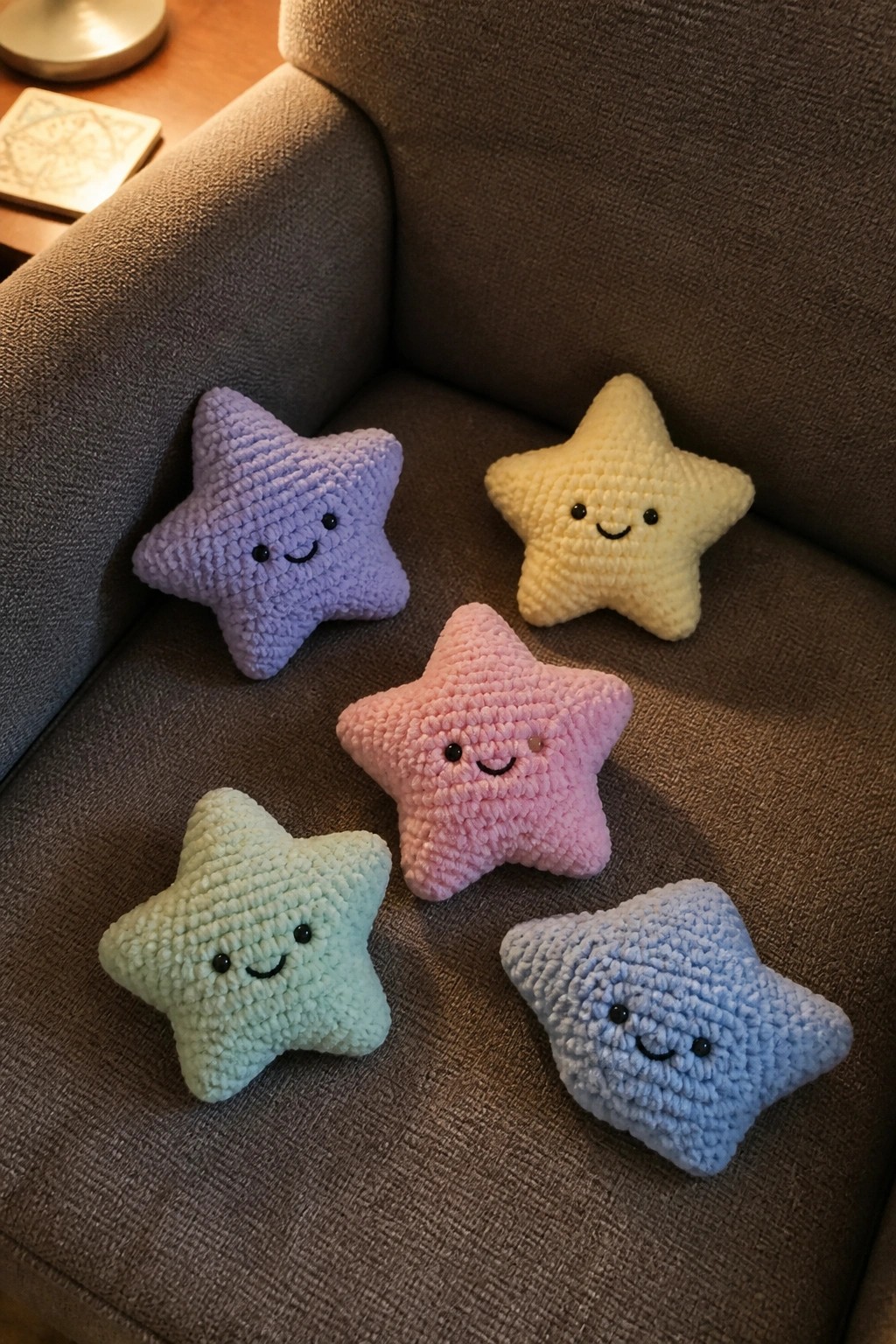 Five colorful crocheted star plushies with smiling faces on a brown couch.