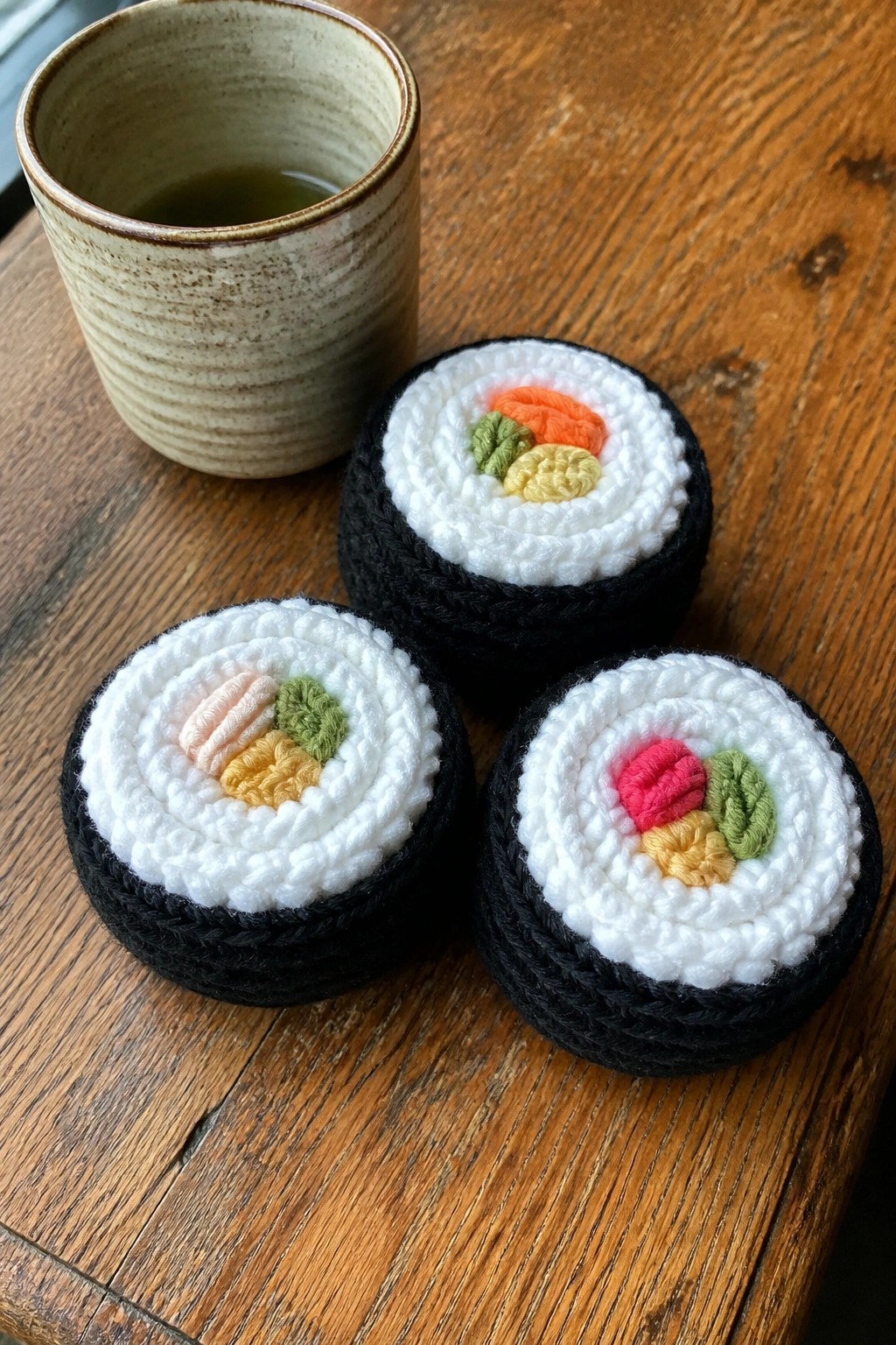 Three crocheted sushi rolls beside a ceramic tea cup on wooden table