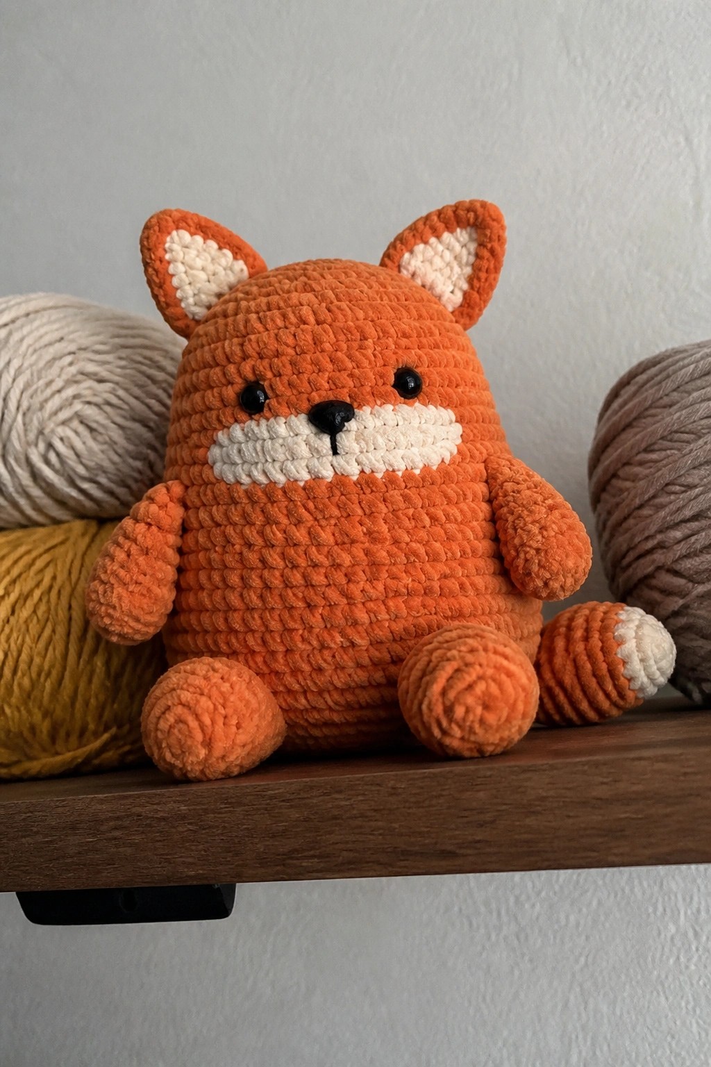 Orange crocheted fox toy on wooden shelf beside colorful yarn balls