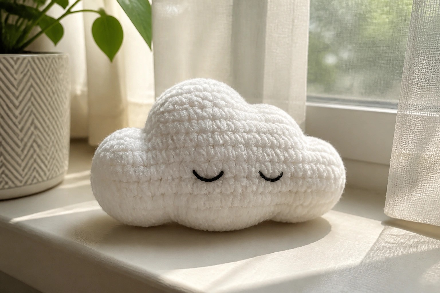 White crocheted cloud plush with embroidered face on sunlit windowsill
