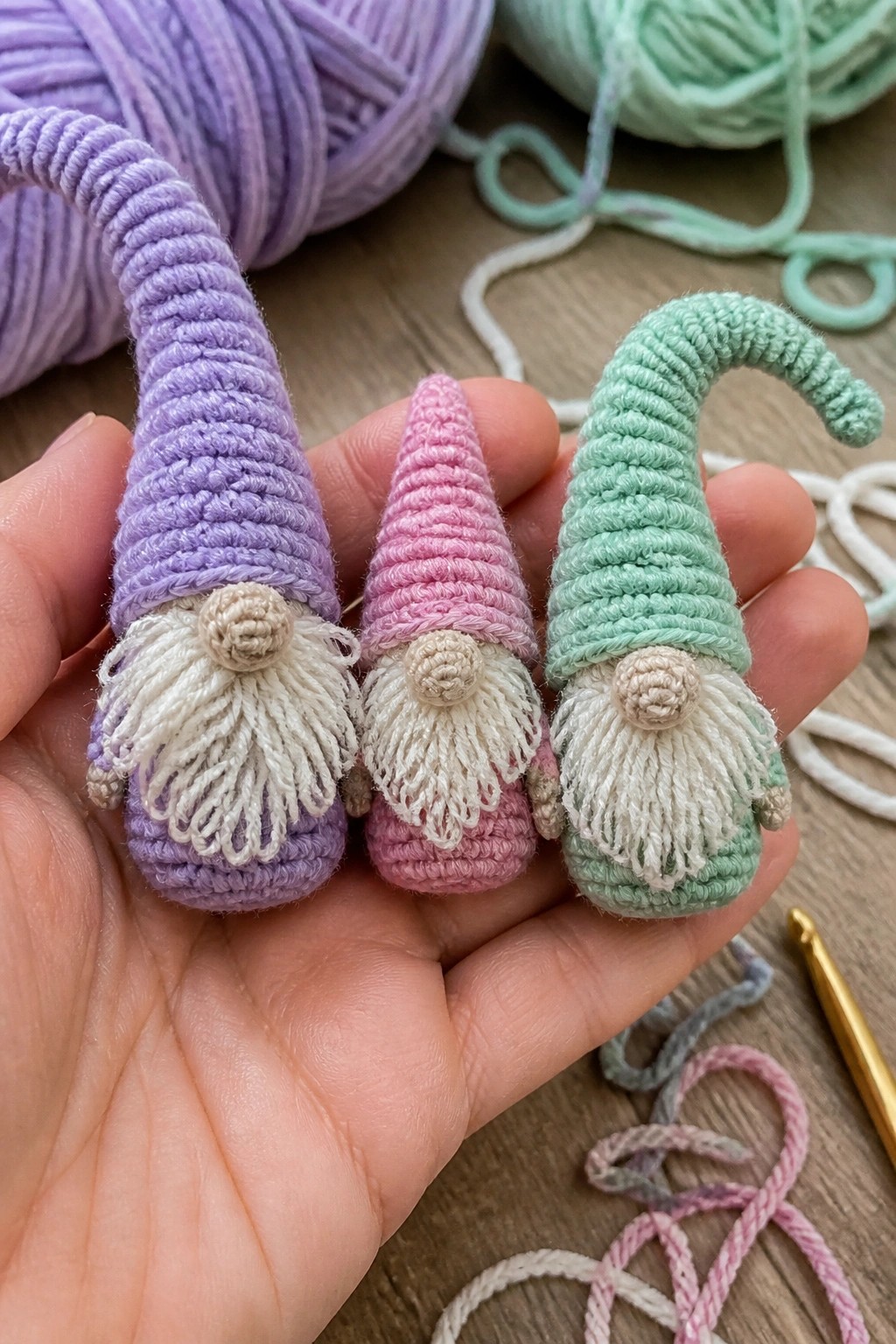Hand holding three pastel crocheted gnomes with white beards amid yarn and hook