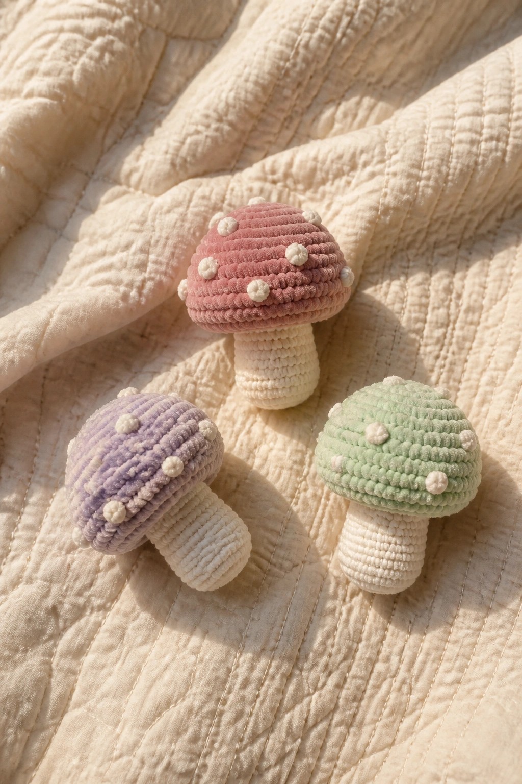 Three pastel crocheted mushrooms with white spots on a cream quilted blanket