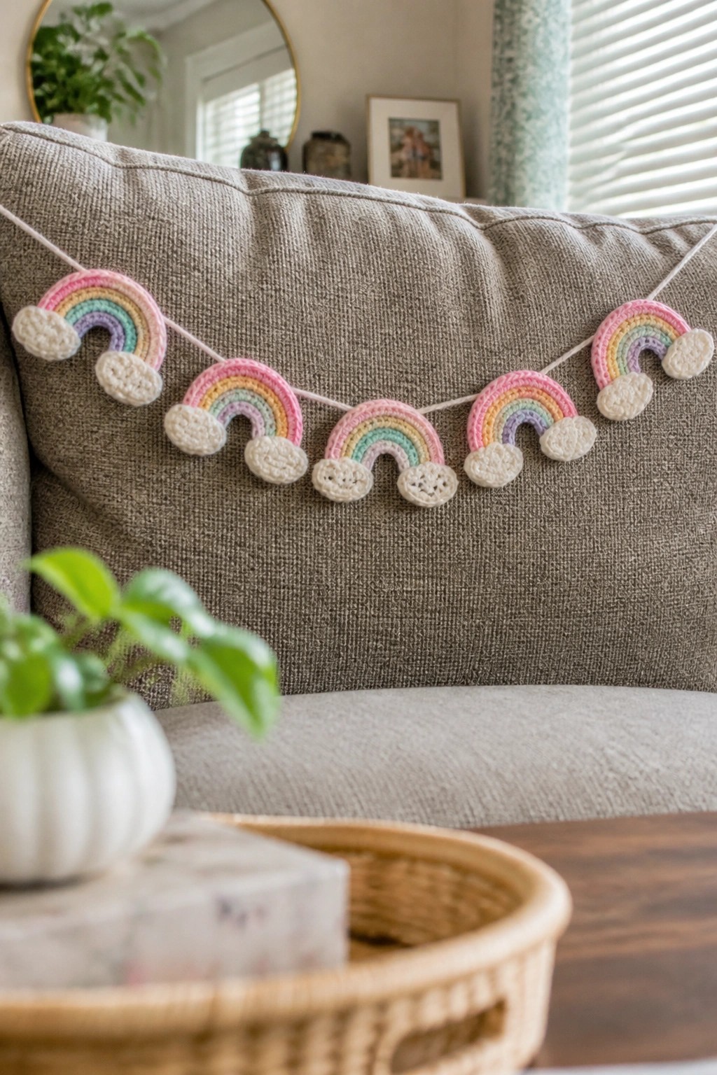 Pastel crocheted rainbow garland with clouds draped on a gray couch.