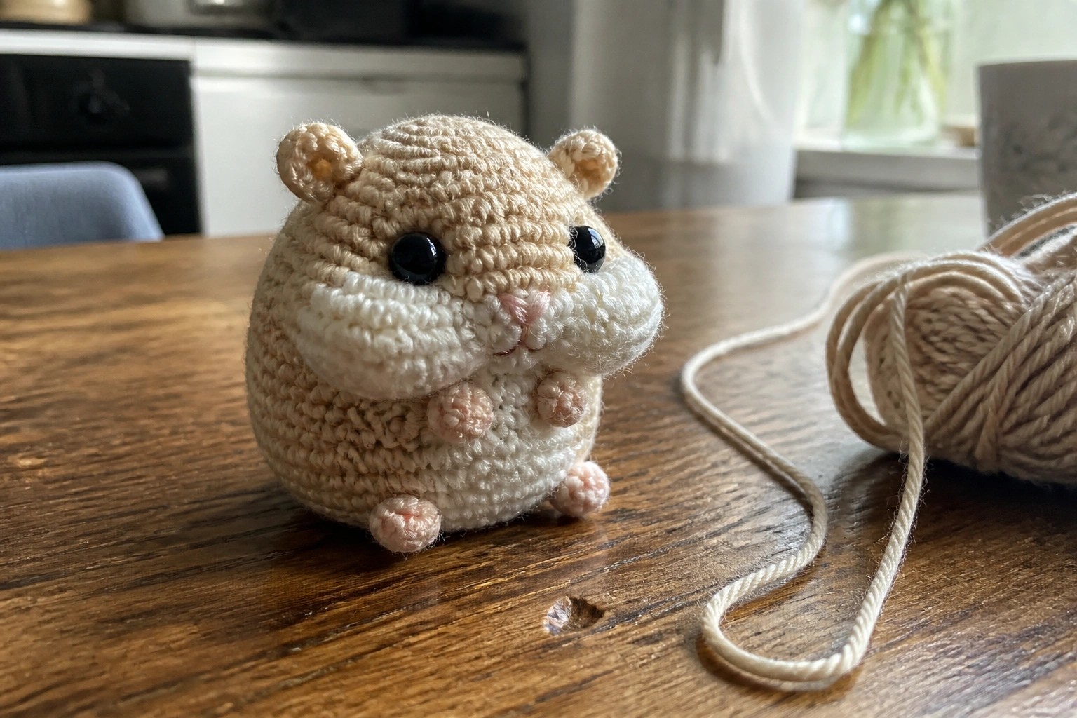 Crocheted beige hamster toy with pink accents sits on wooden table beside yarn.