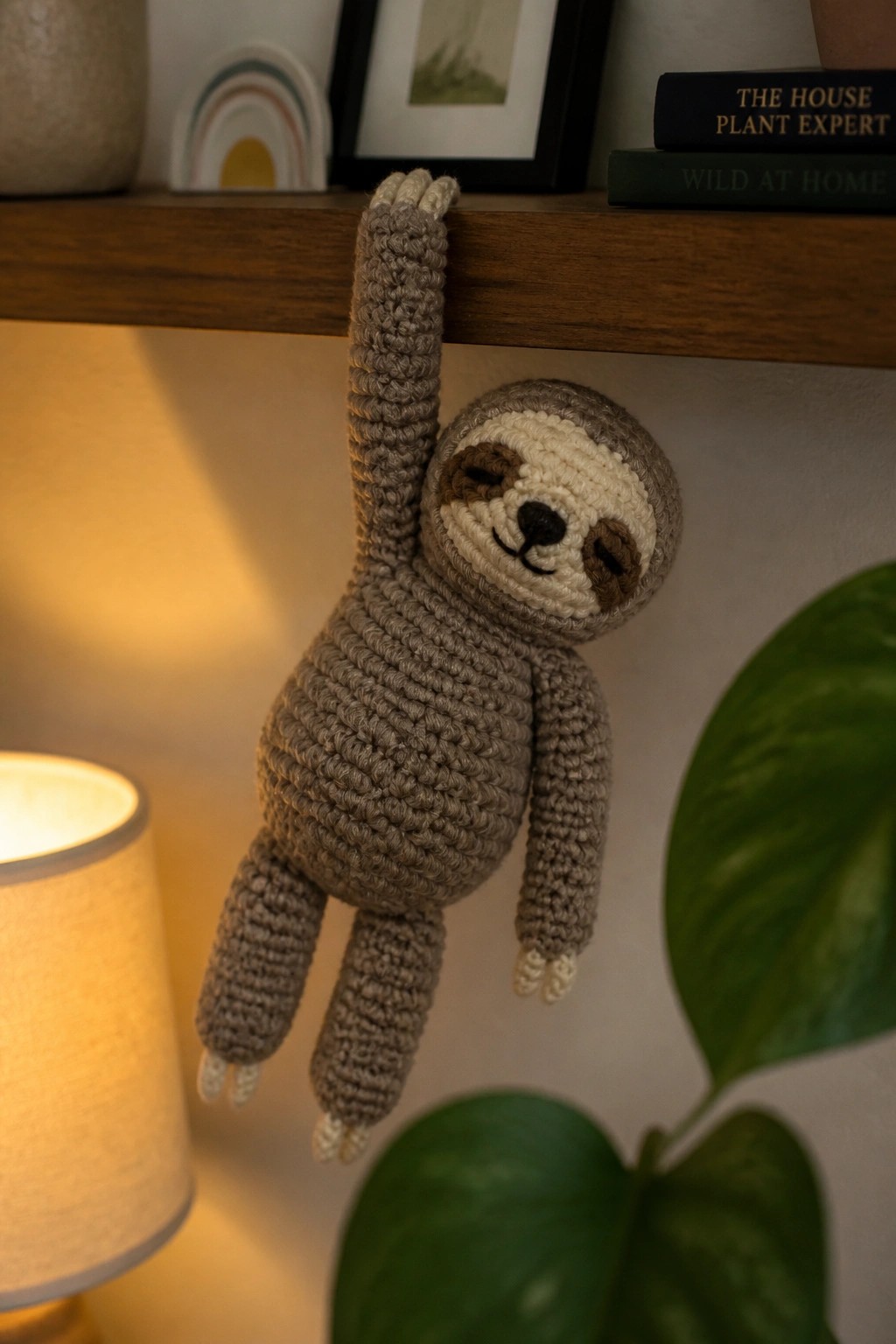 Crocheted sloth hanging by one arm from wooden shelf beside books and plants