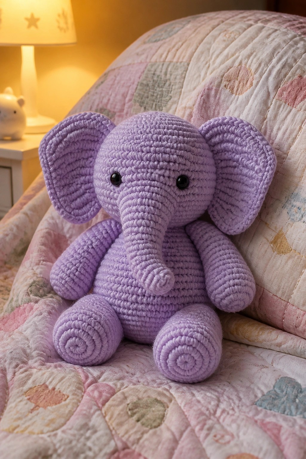 Crocheted purple elephant toy on a pastel patchwork quilt beside a lit lamp