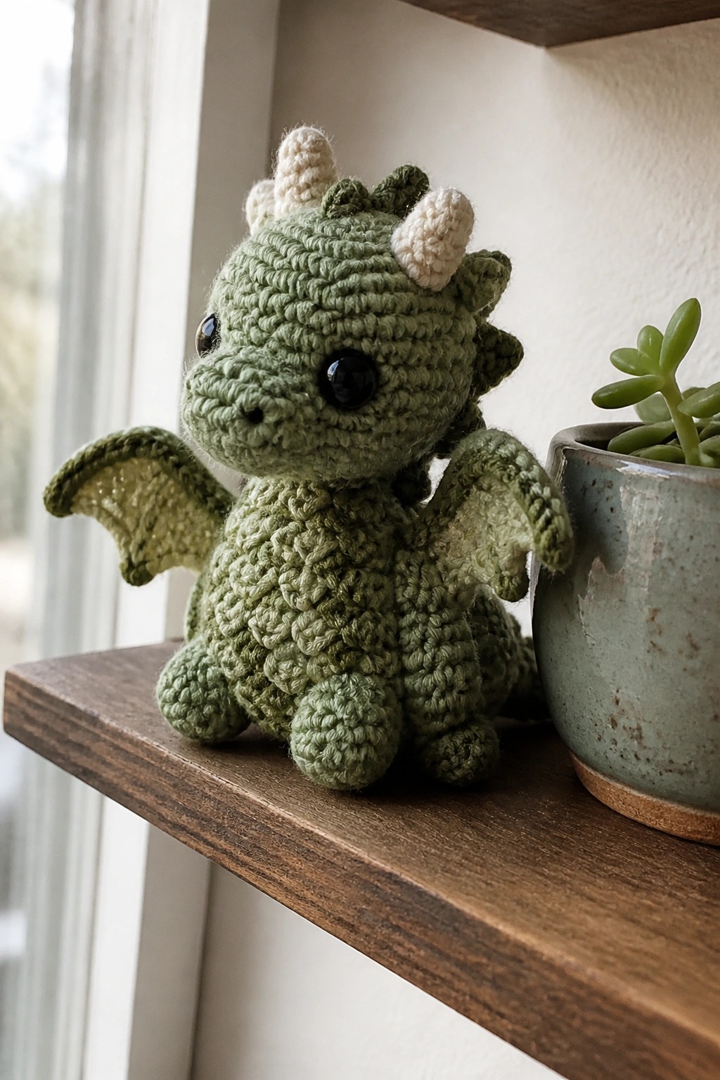 A green crocheted dragon amigurumi with wings and horns sits on a wooden shelf beside a ceramic plant pot.