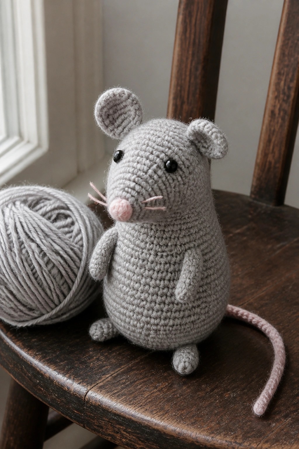 A crocheted gray mouse amigurumi with pink nose and tail sits on a wooden chair beside a ball of gray yarn.