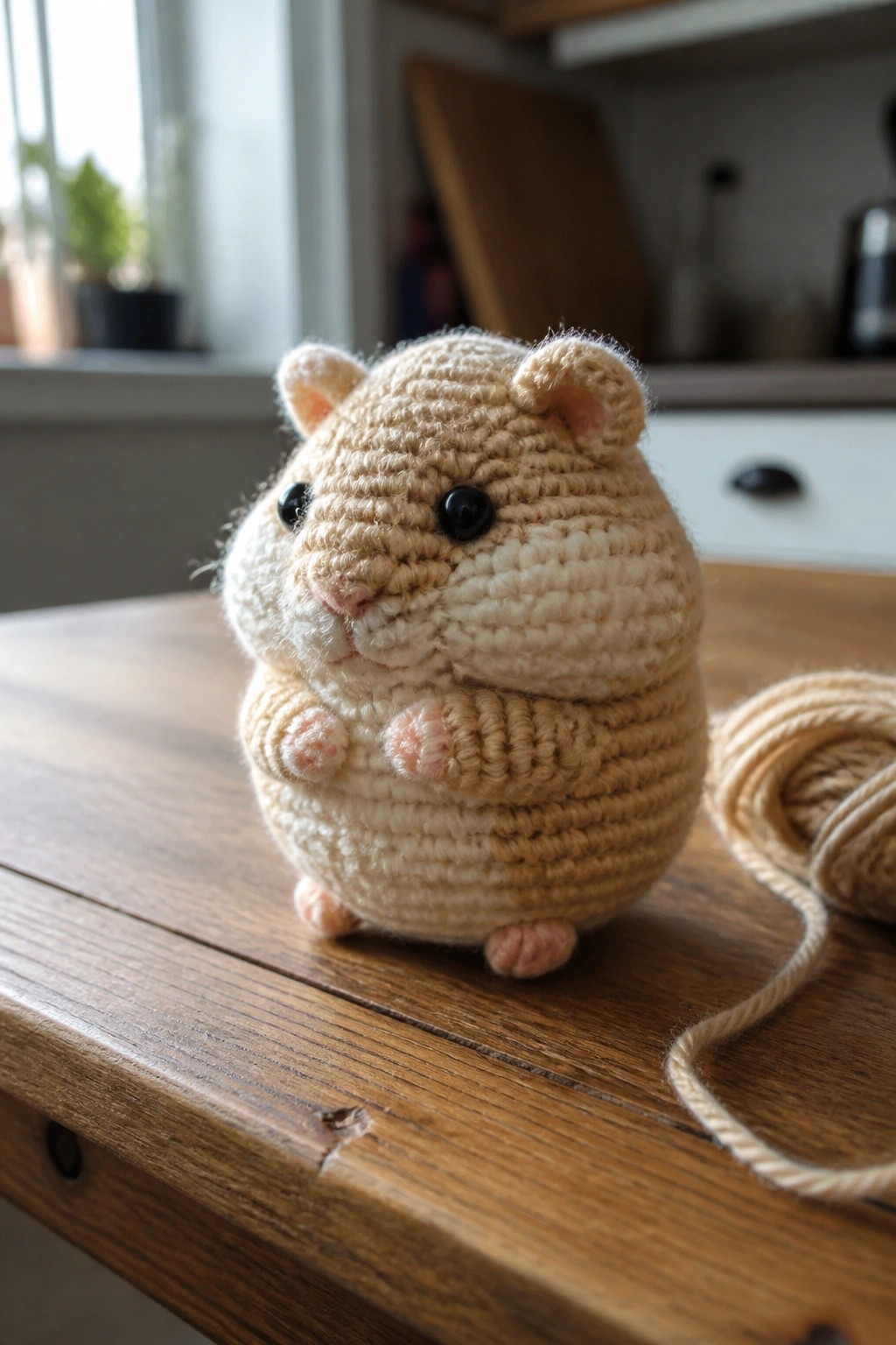 Crocheted beige hamster toy with pink accents sits on wooden table beside yarn.
