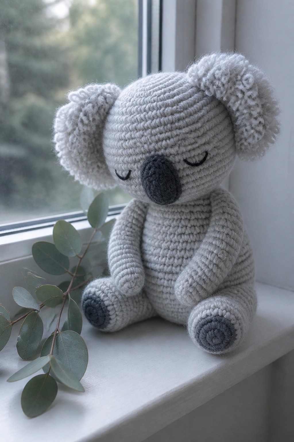Crocheted gray koala toy with closed eyes on windowsill beside eucalyptus leaves