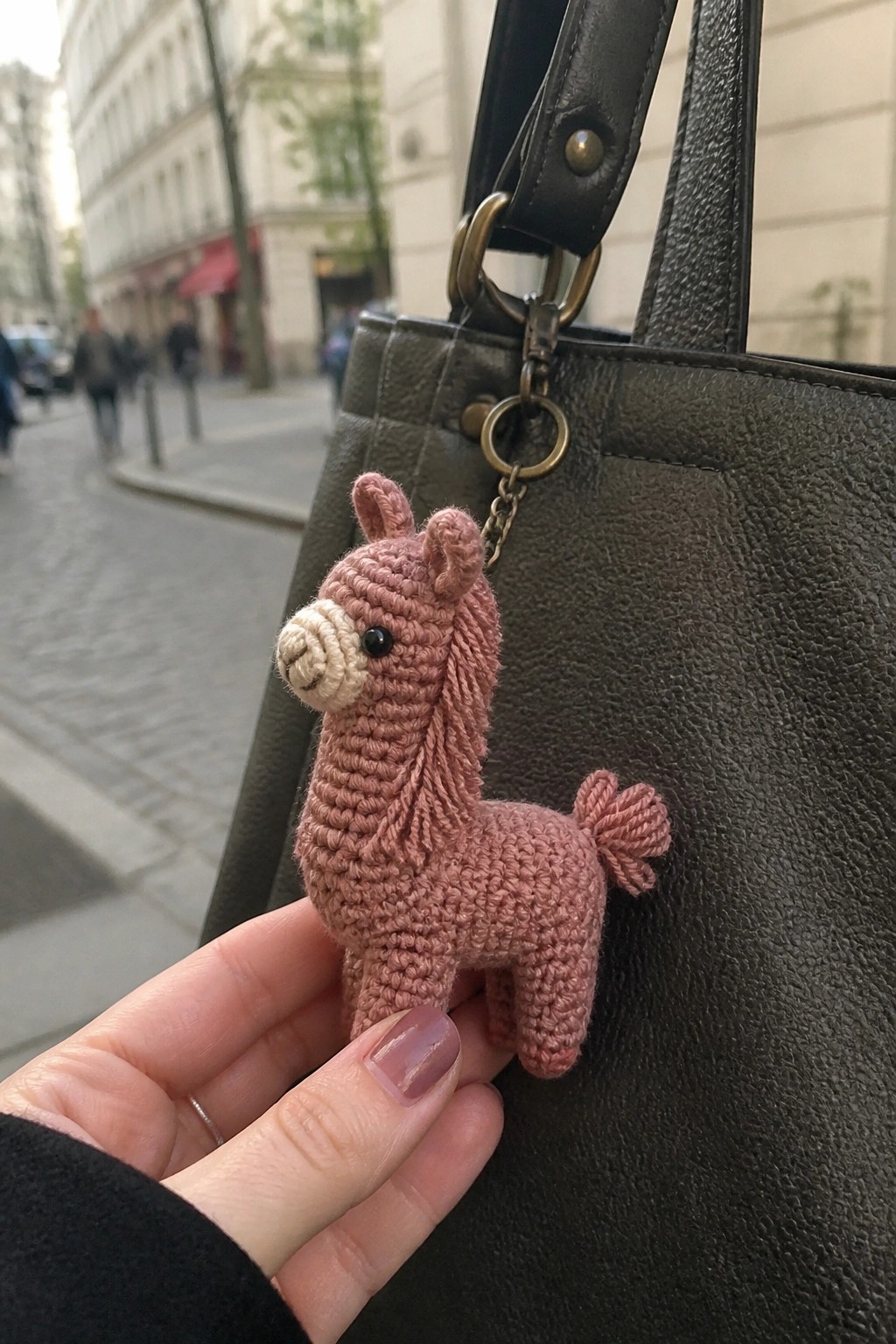 Hand holding pink crocheted llama keychain on black leather handbag by city street