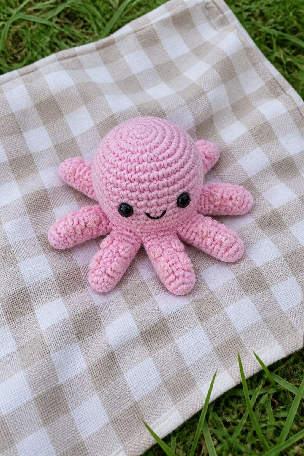 Pink crocheted octopus toy on beige checkered cloth over green grass.