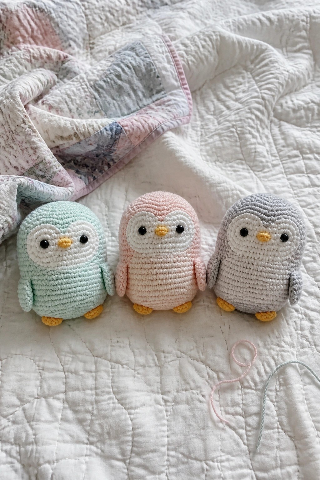 Three pastel crocheted penguins on a white quilted blanket with loose yarn.