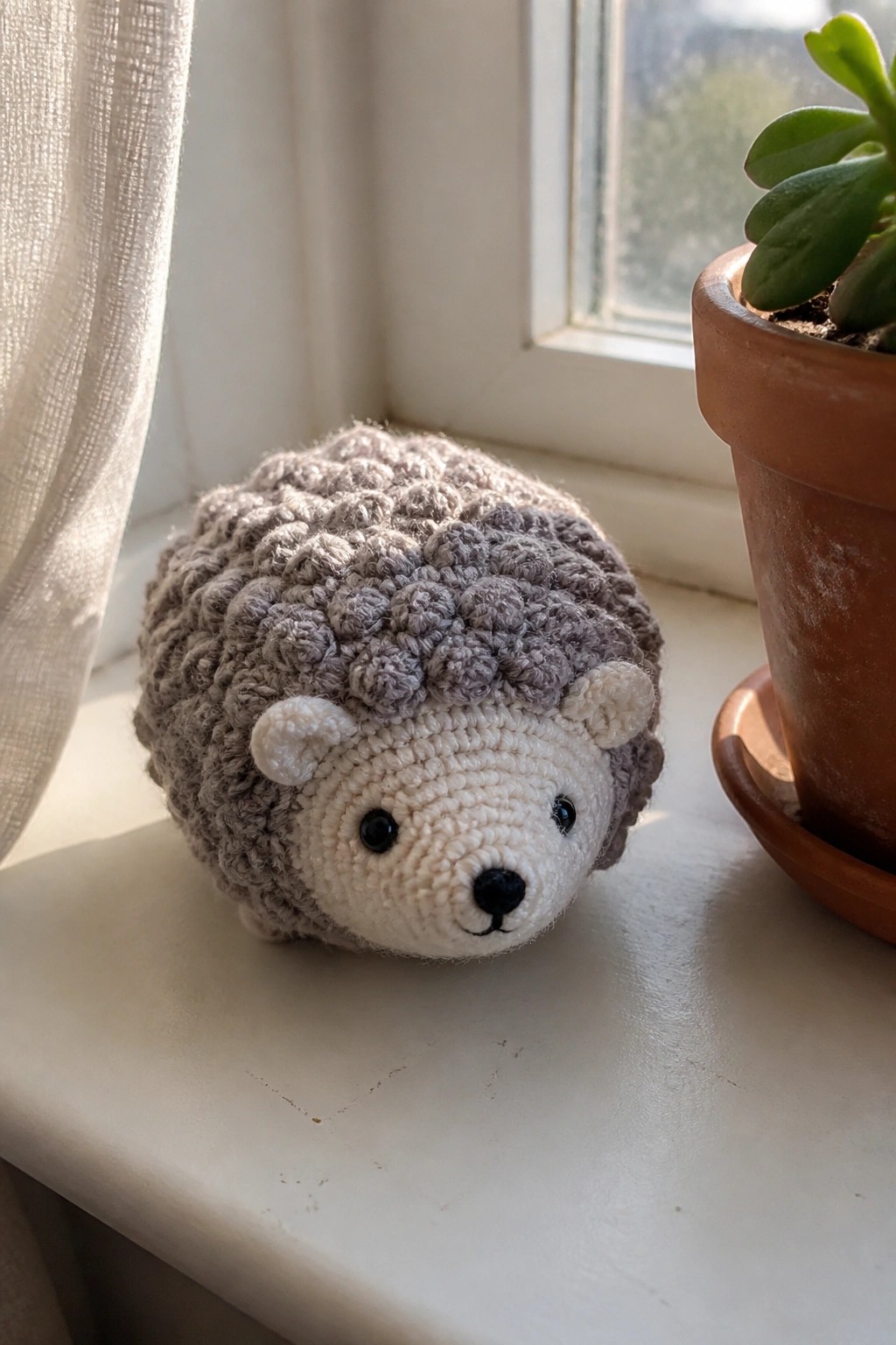 Crocheted gray and white hedgehog toy on windowsill beside potted green plant