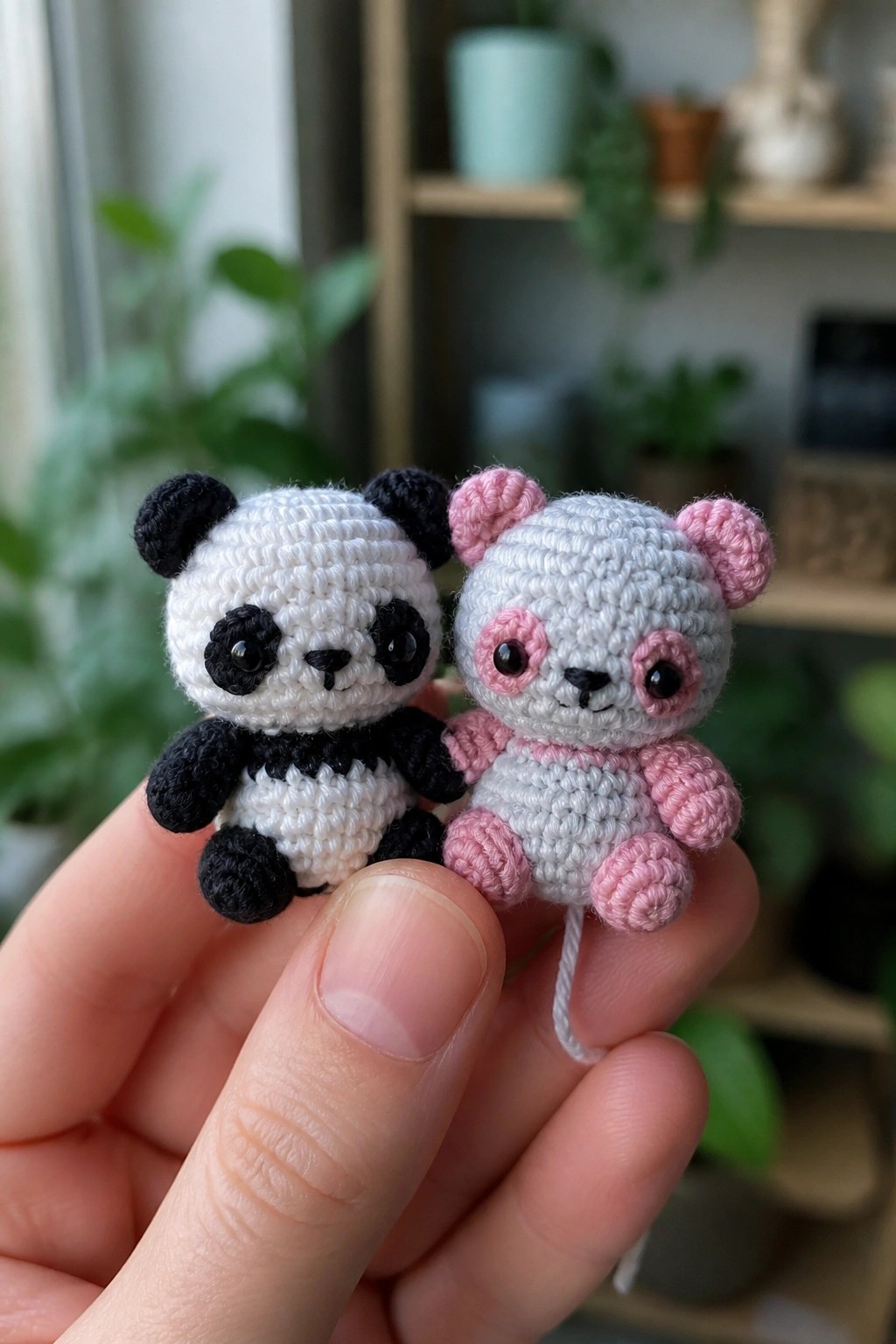 Hand holding two tiny crocheted pandas, one black-white and one gray-pink.