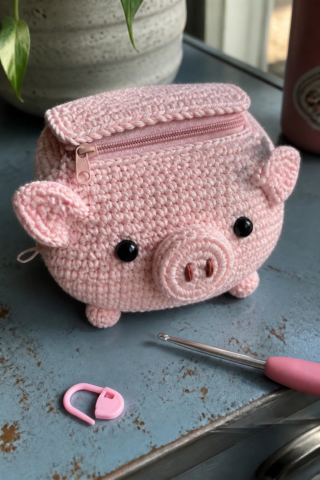 Pink crocheted pig pouch with zipper, eyes, and snout beside crochet hook and marker