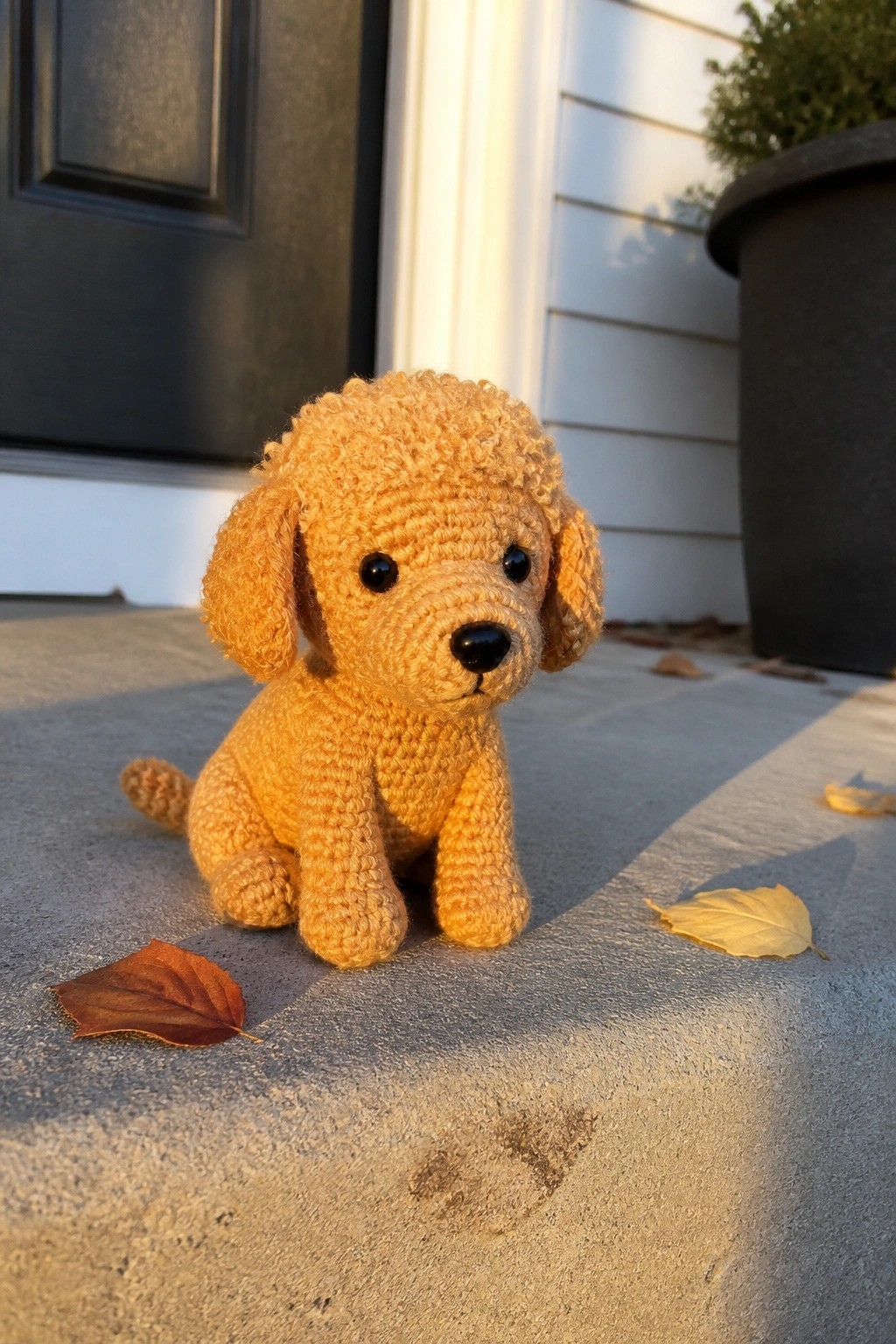 Crocheted golden puppy toy sits on concrete porch near black door and leaves