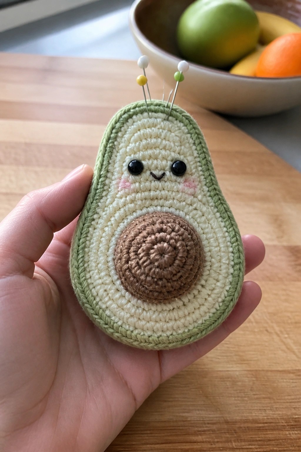 Hand holding crocheted avocado pincushion with smiling face and colorful pins.