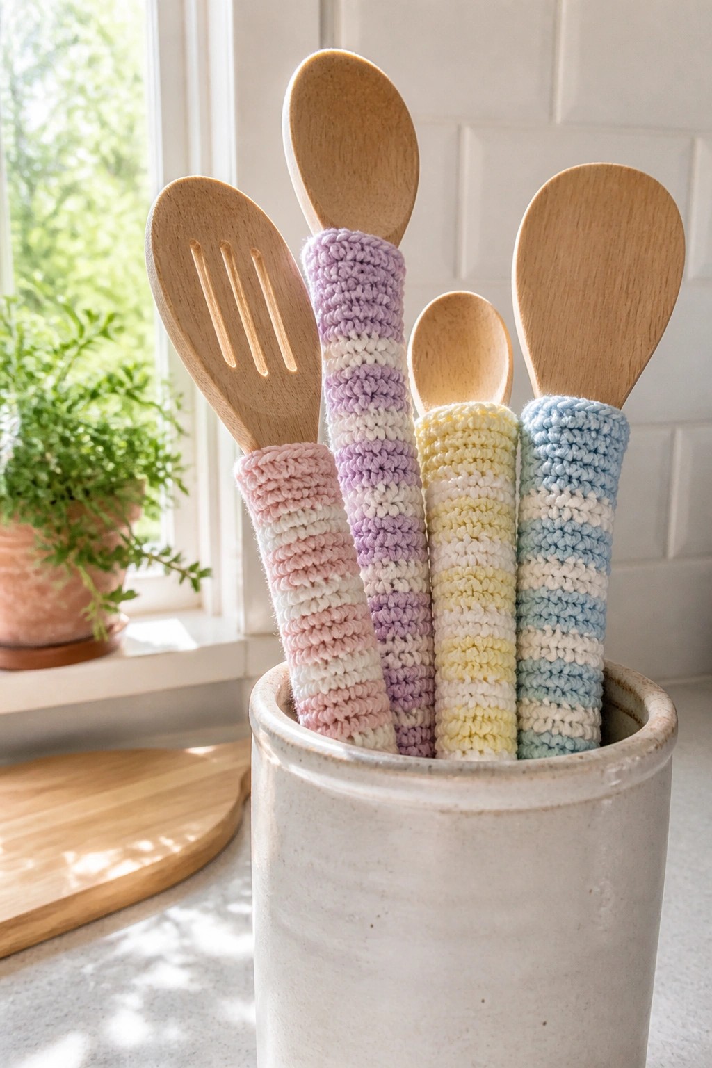 Wooden spoons with pastel striped crocheted handles in a ceramic crock