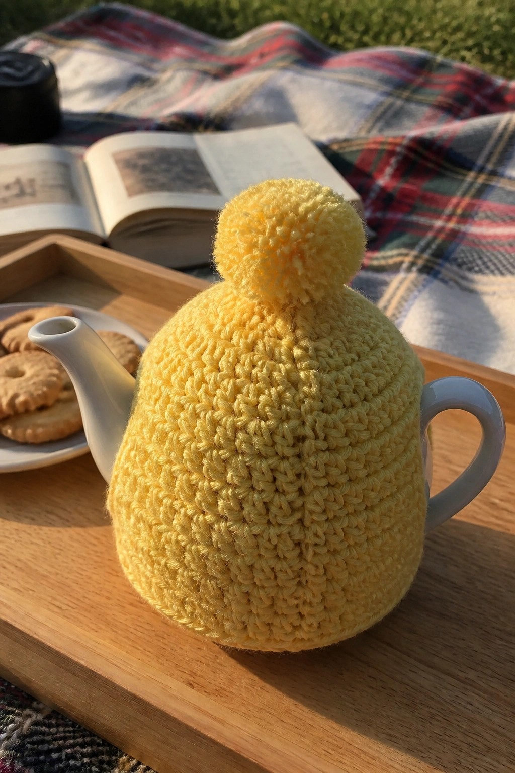 Yellow knitted tea cozy with pom-pom on teapot beside cookies on wooden tray