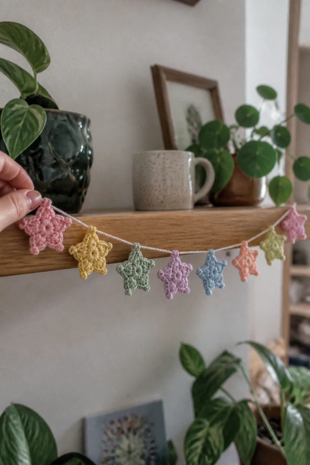 A string of small crocheted stars in pastel colors draped across a wooden shelf with houseplants and mugs behind it.