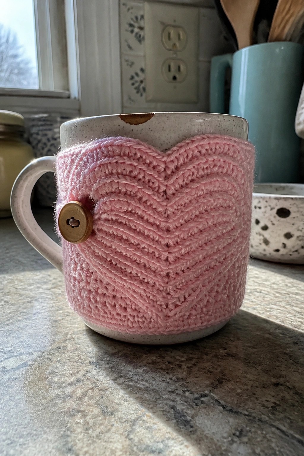 Pink knitted heart-patterned cozy with button on speckled ceramic mug