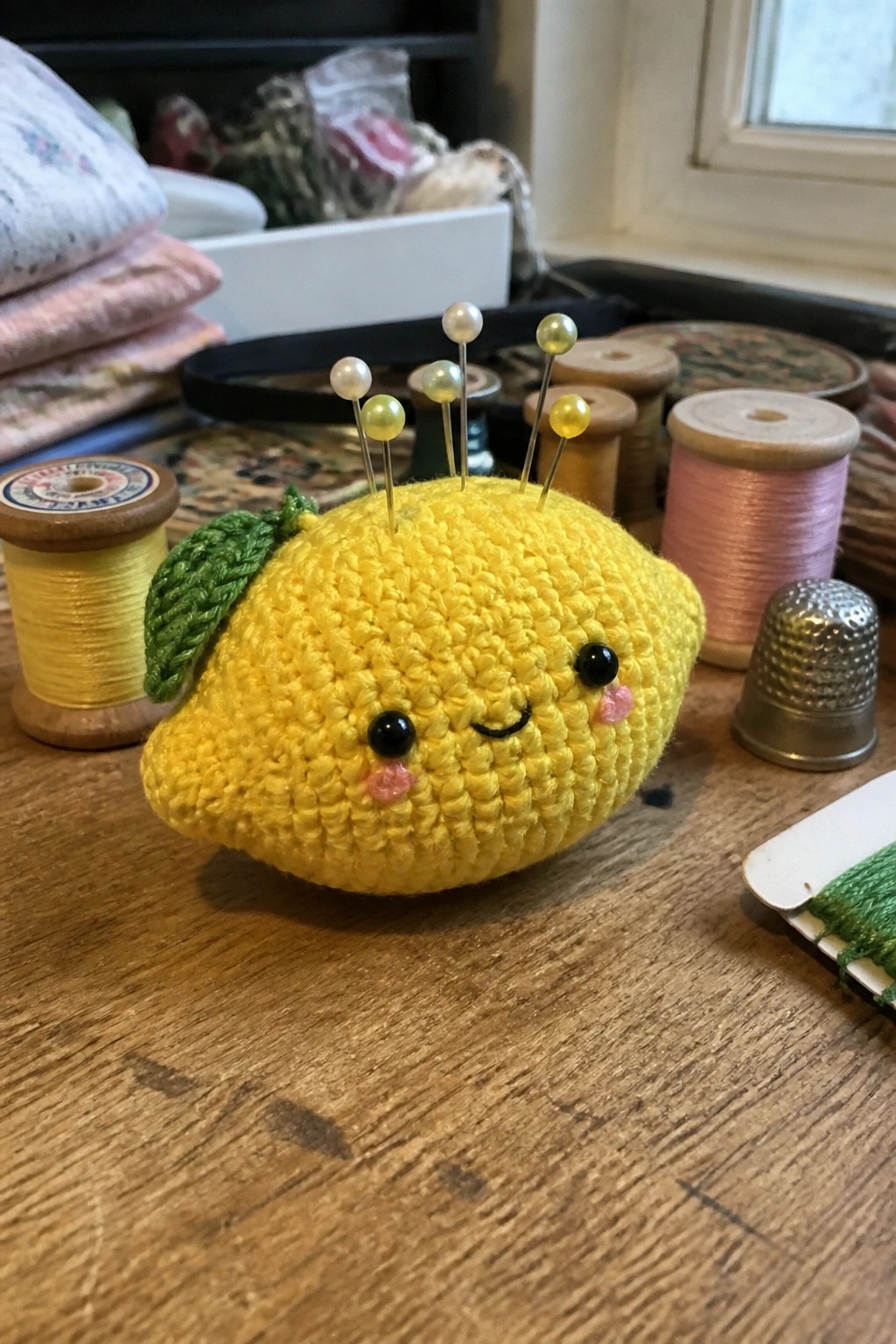 Yellow crocheted lemon pincushion with winking face and pins amid sewing supplies