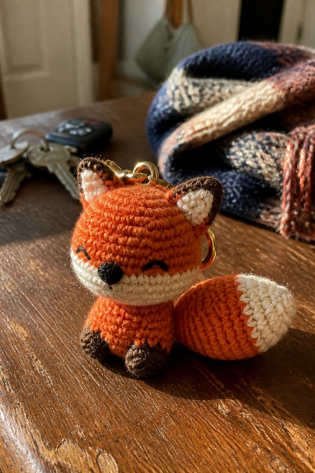 Crocheted orange fox keychain on wooden table beside keys and plaid scarf