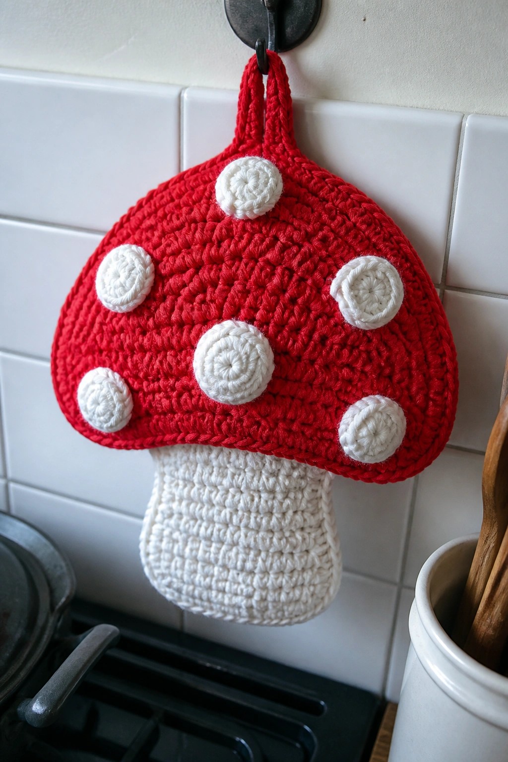 Crocheted red mushroom with white spots hanging on a kitchen hook.