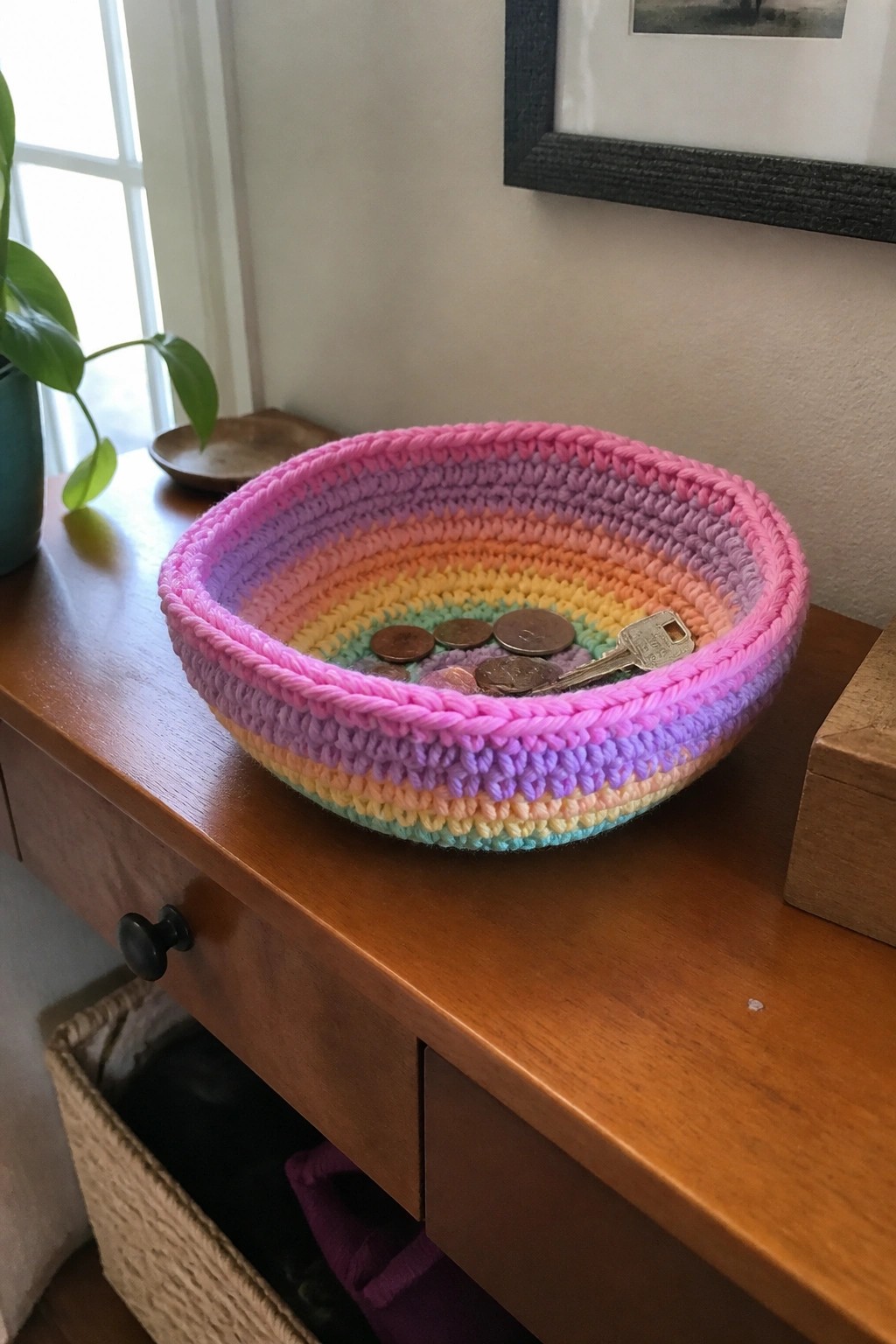Rainbow crocheted bowl holding coins and key on wooden dresser.