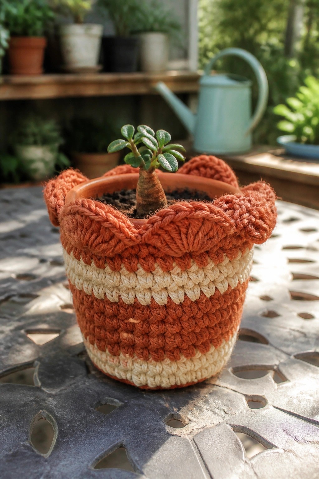 Crocheted orange-cream striped cozy on small potted plant atop metal table