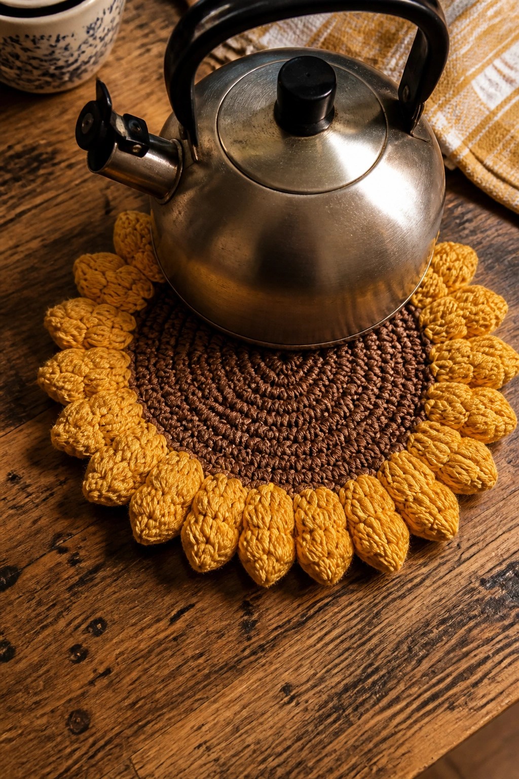 Kettle on a crocheted sunflower trivet with yellow petals and brown center on wood.