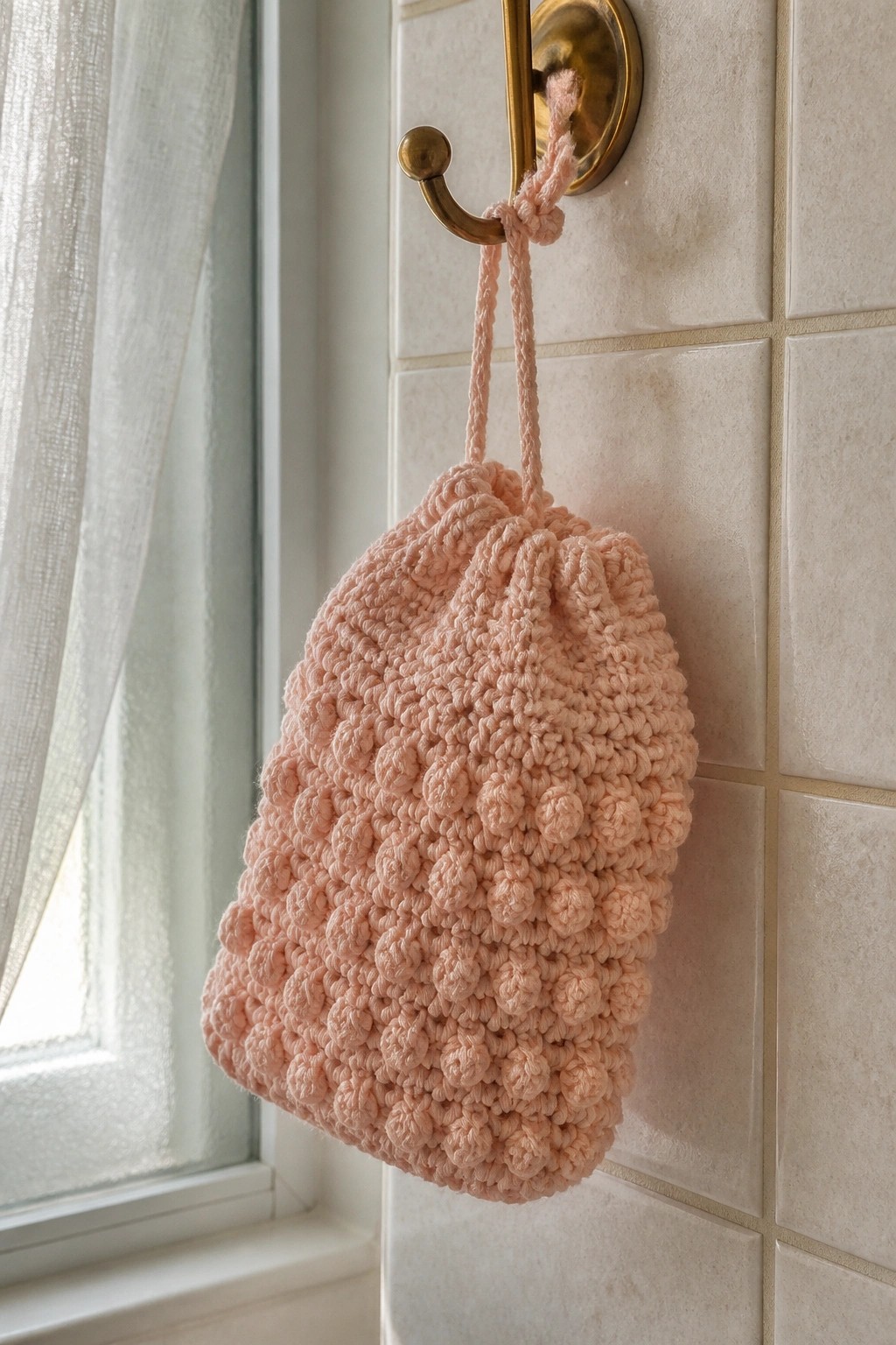 Light pink crocheted pouch hanging from brass hook on tiled wall.