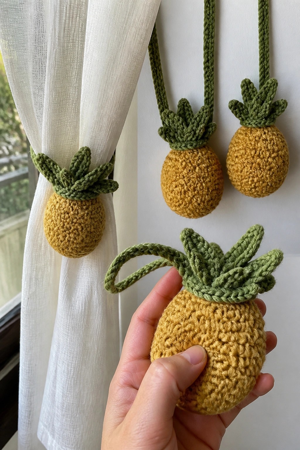 Hand holding crocheted pineapple curtain tieback near matching ones on white curtain