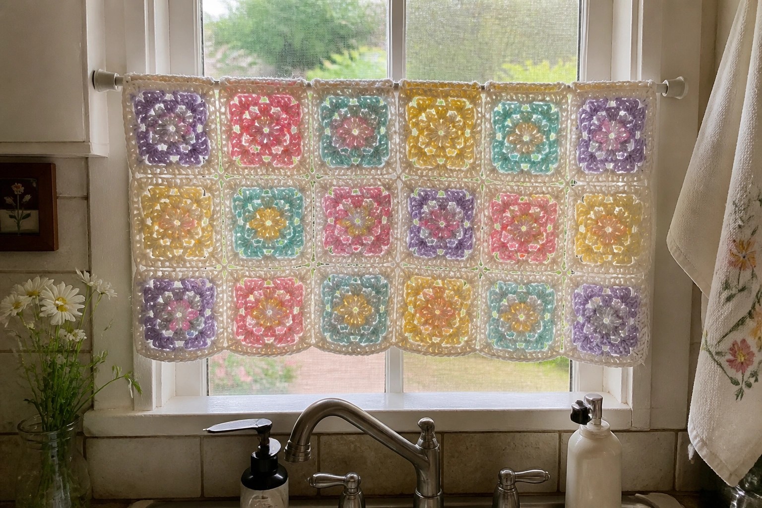 Colorful crocheted granny square valance hangs above kitchen sink and faucet