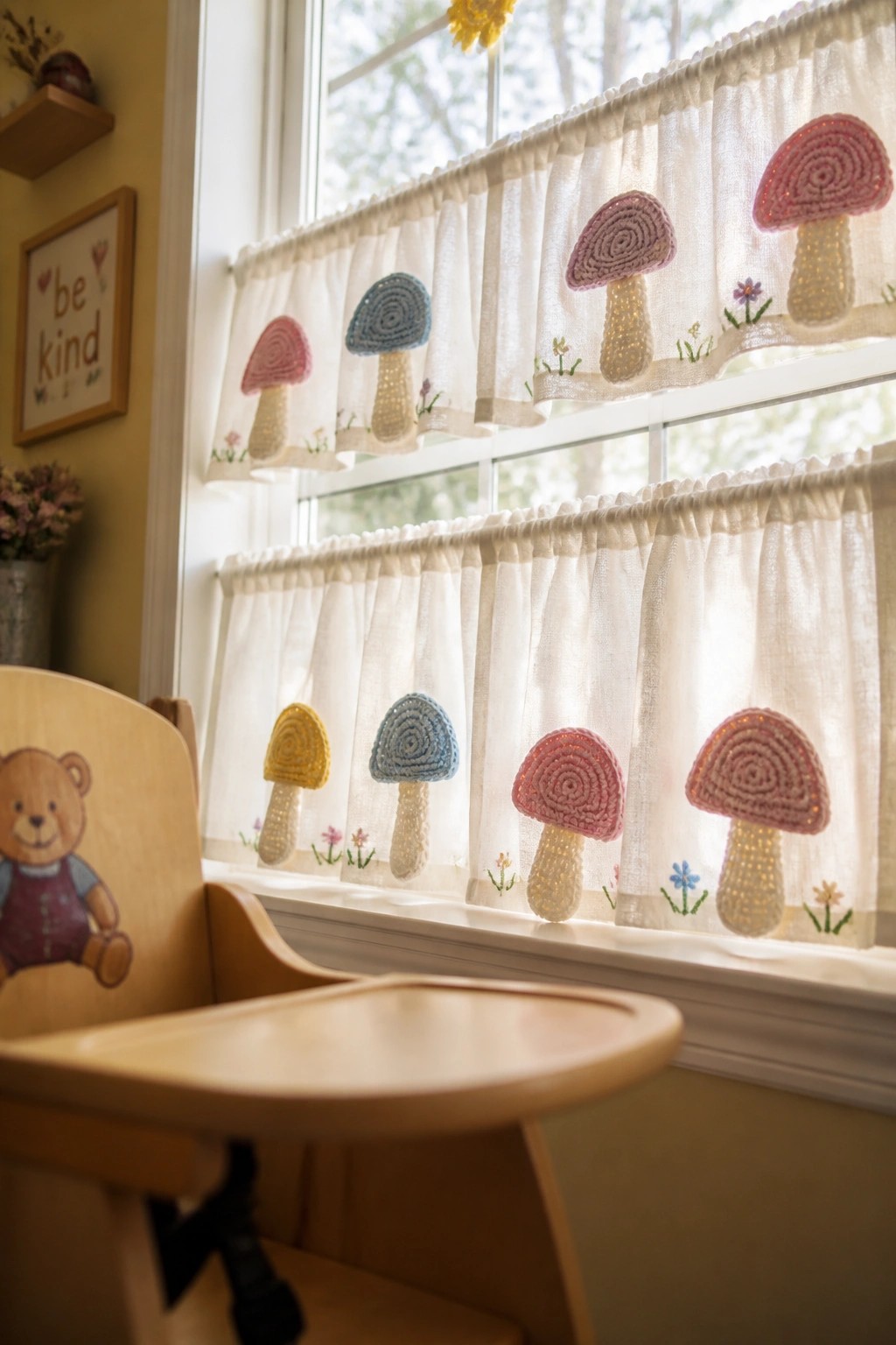 White curtains with colorful crocheted mushrooms beside wooden high chair with teddy bear.
