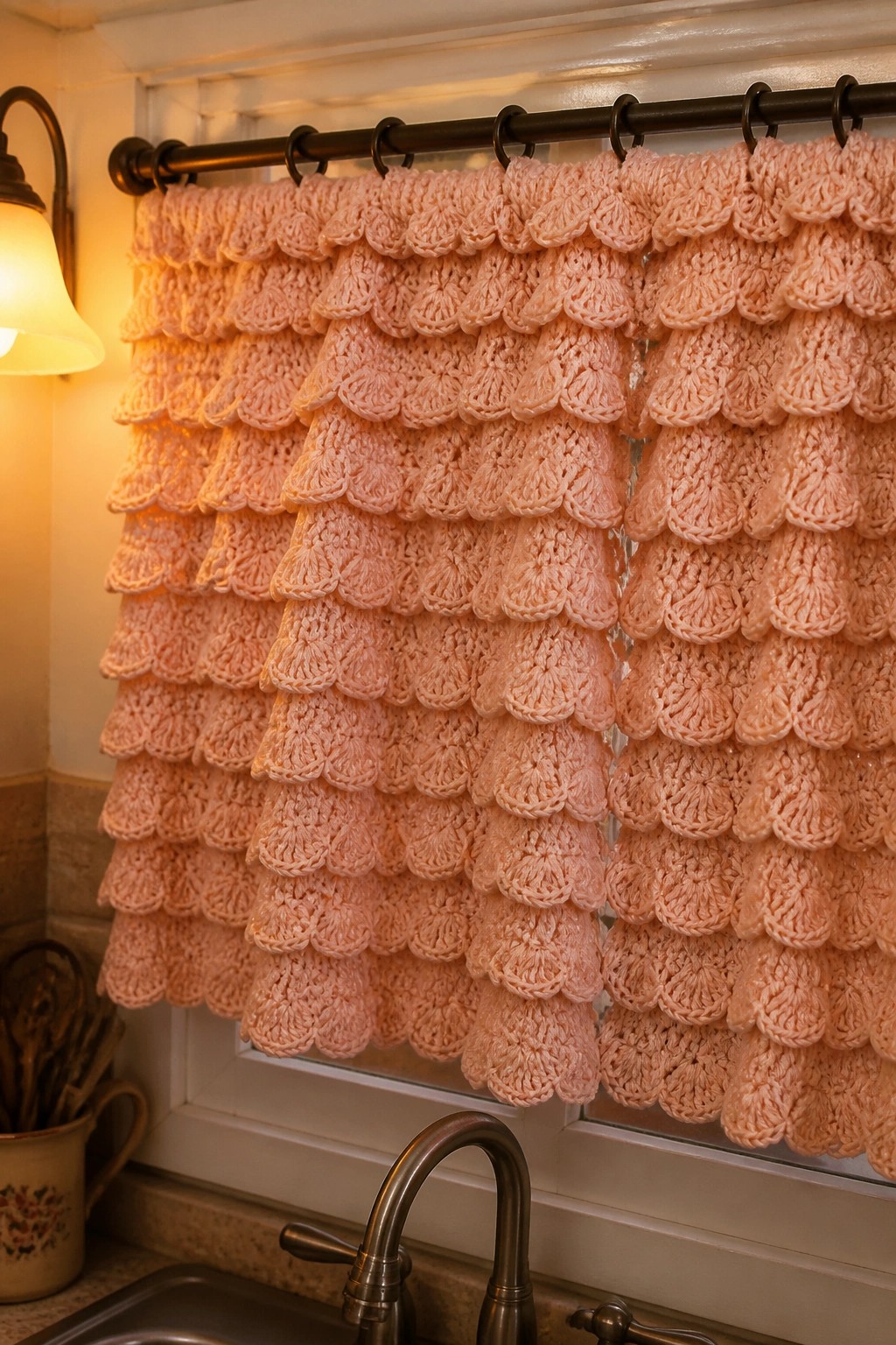 Pink crocheted scalloped ruffled curtain hanging over kitchen window above sink