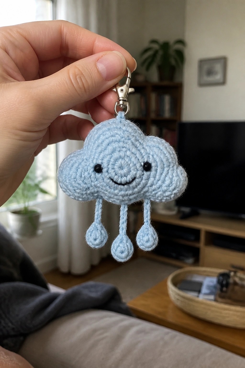 Hand holding light blue crocheted cloud keychain with smiling face and raindrops