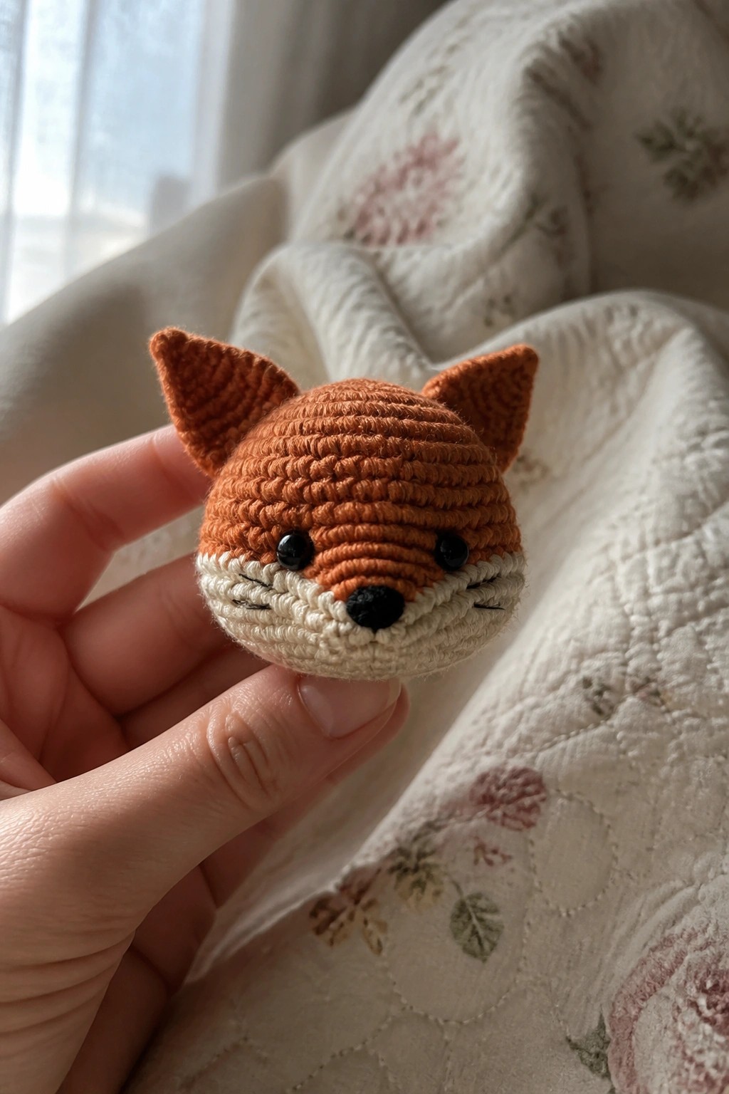 Hand holding small crocheted fox with orange fur, white muzzle, and black nose