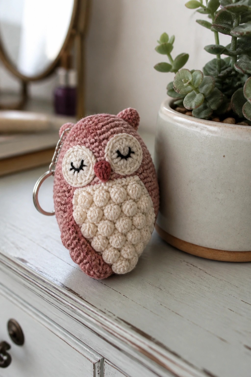 A crocheted pink owl keychain with cream face and belly rests on a white wooden surface beside a potted plant.