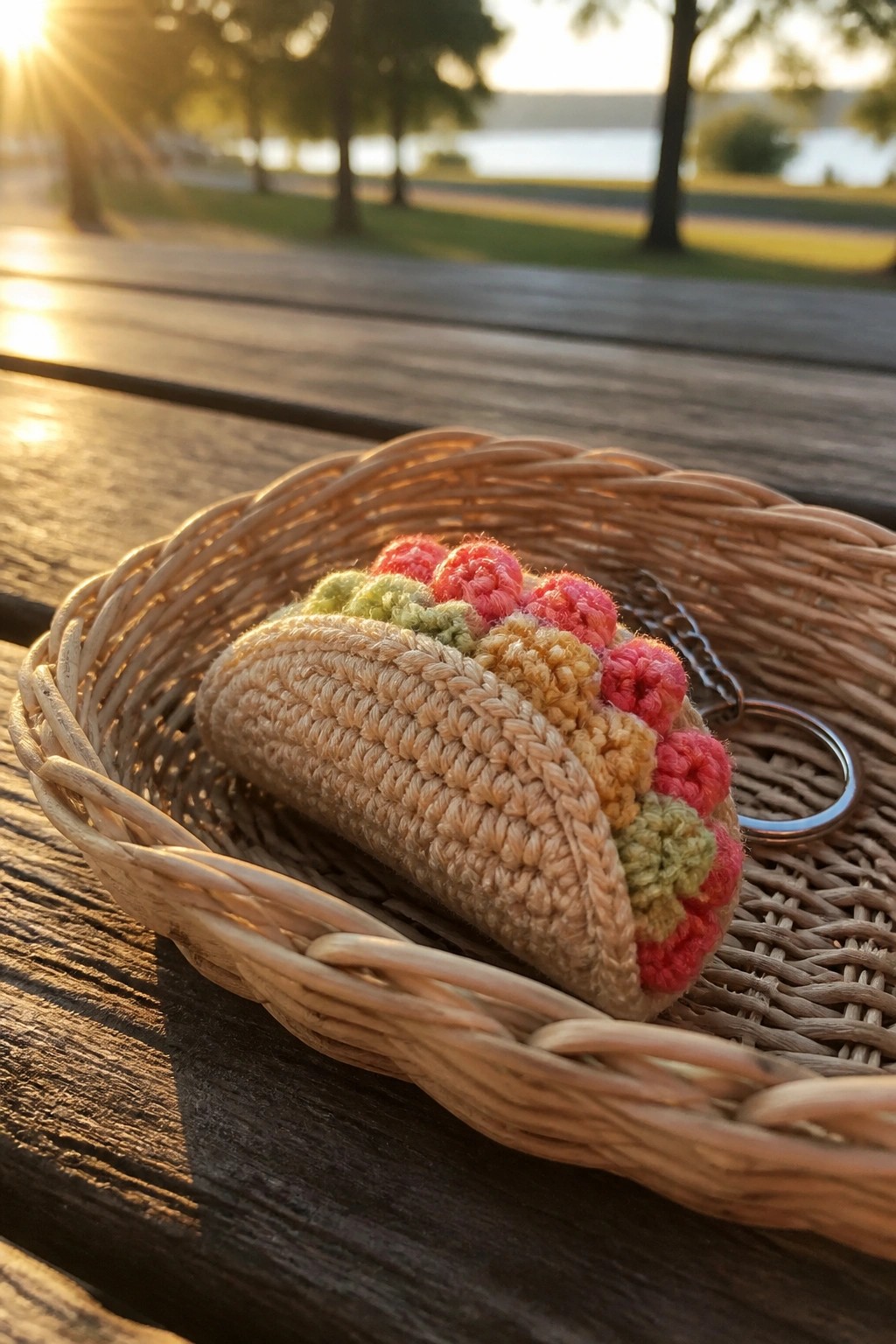 Crocheted taco keychain with pink and green fillings in wicker basket on wooden table at sunset.