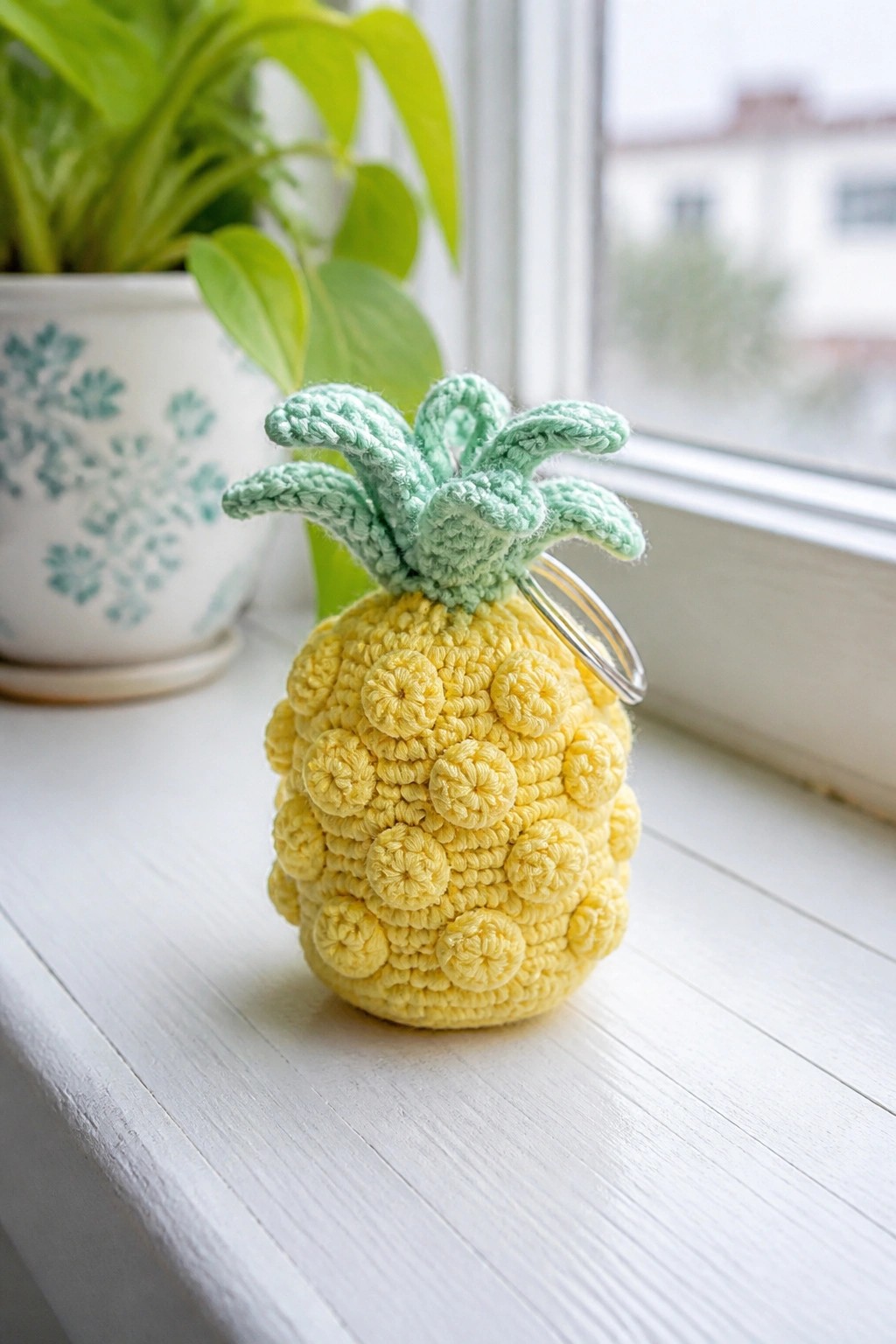 Yellow crocheted pineapple keychain with mint leaves on white windowsill near plant