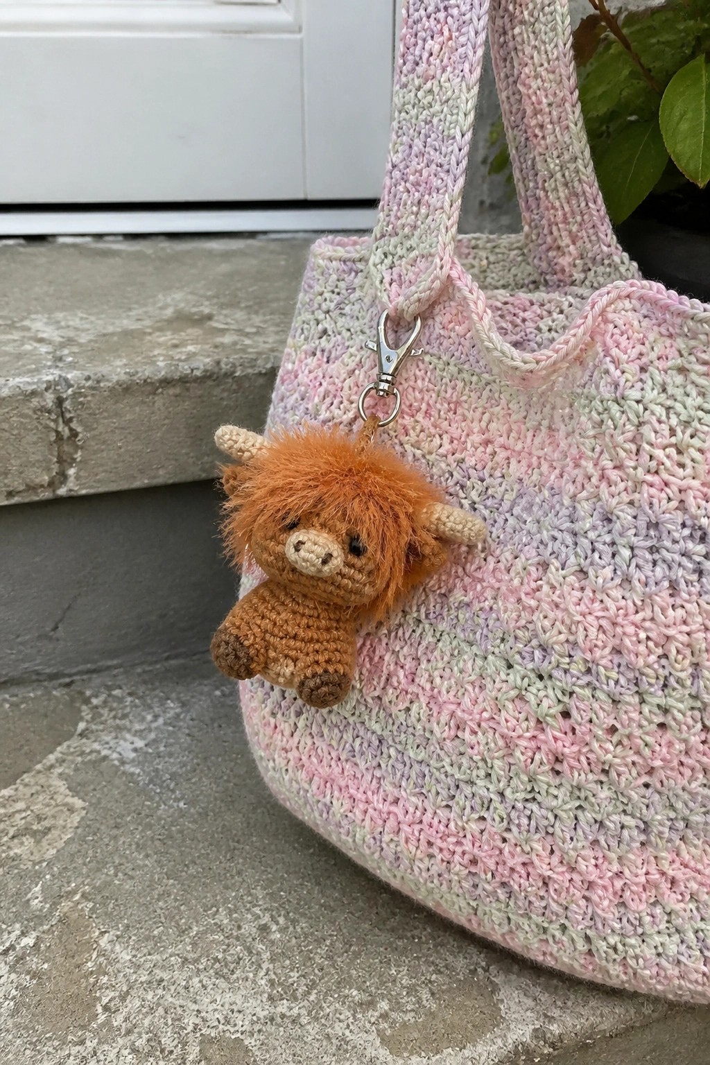 Pastel crocheted tote bag with orange Highland cow keychain on stone steps