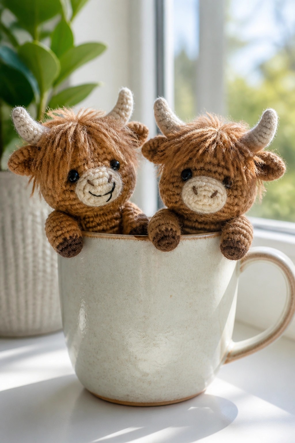 Two crocheted Highland cows with horns inside a white ceramic mug on a windowsill