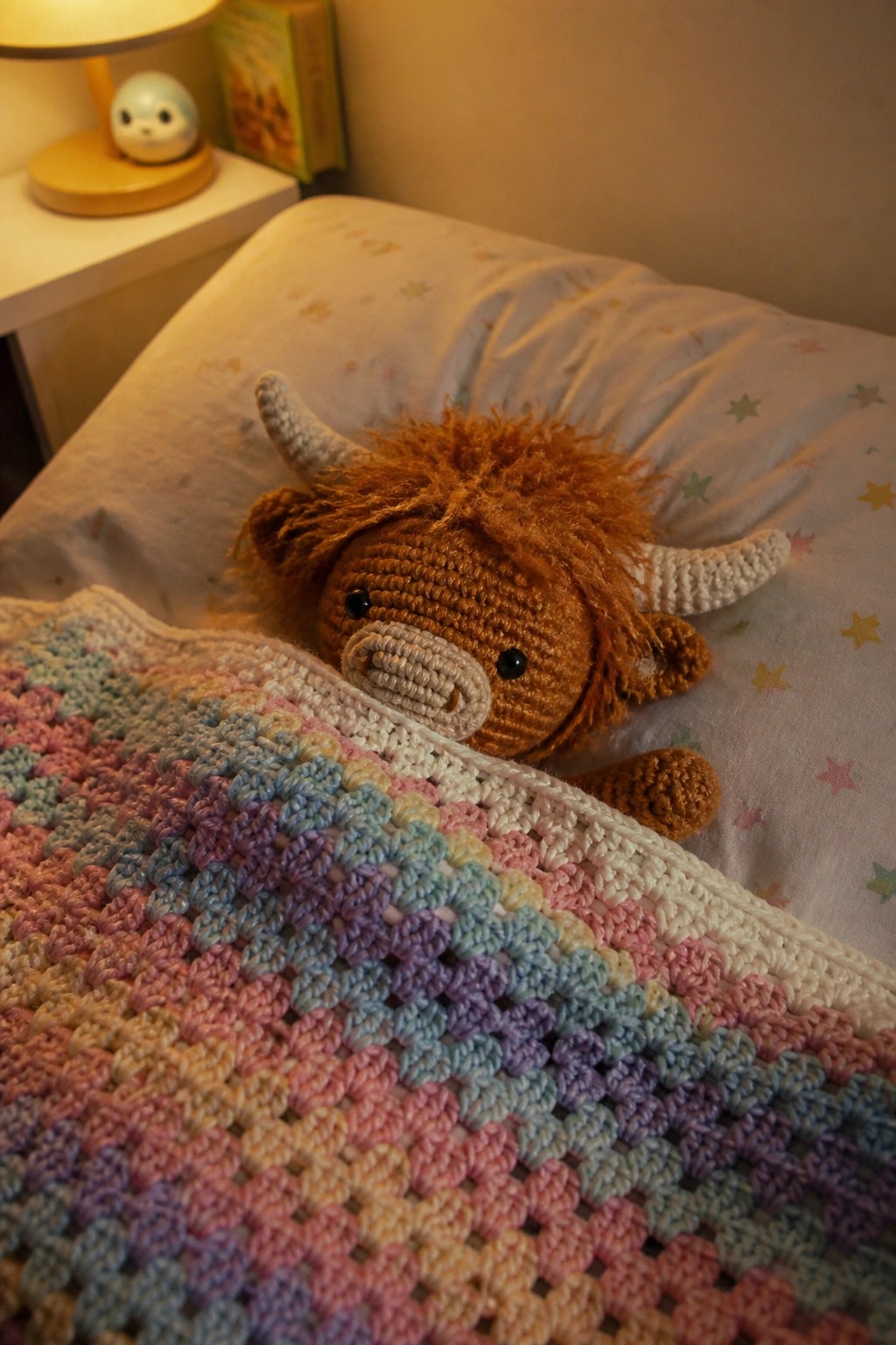Crocheted highland cow tucked under colorful granny square blanket on starry bed