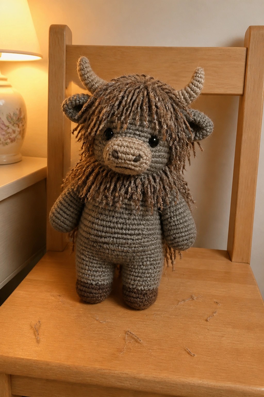 Crocheted Highland cow with shaggy fur and horns on wooden chair.