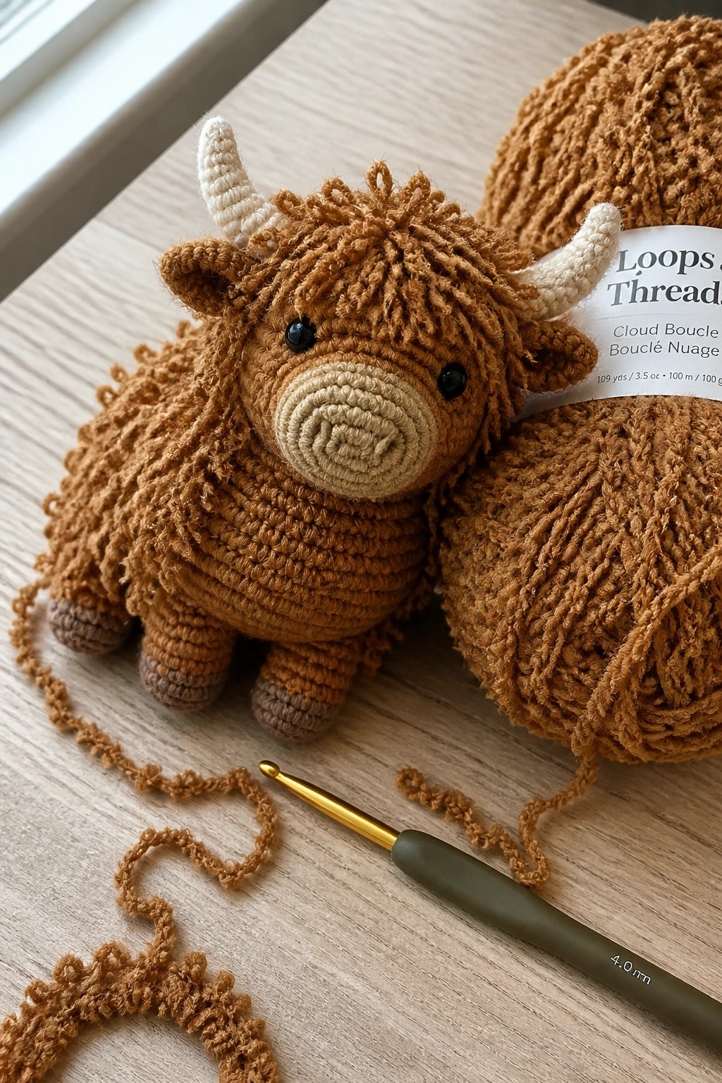 Crocheted shaggy brown Highland cow beside yarn ball and crochet hook on table
