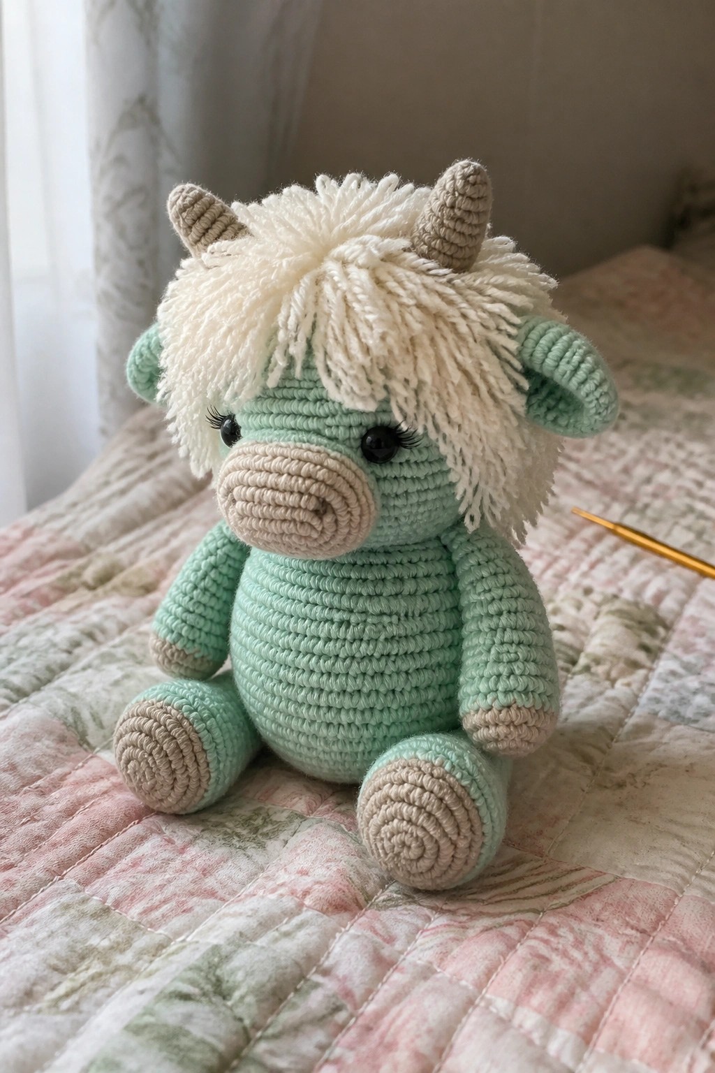 A mint green crocheted highland cow amigurumi with white shaggy mane, beige horns, snout, and hooves sits on a patchwork quilt next to a crochet hook.
