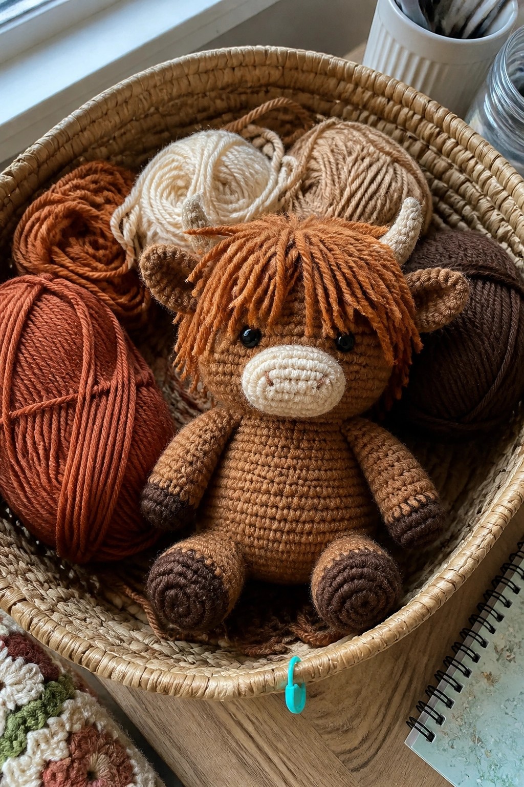 Crocheted highland cow toy in woven basket amid colorful yarn skeins
