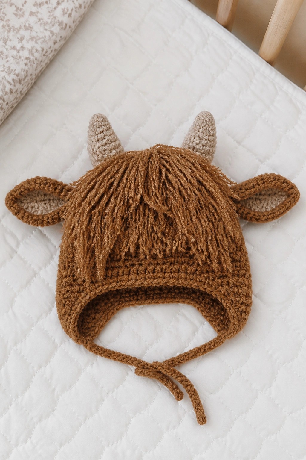 Brown crocheted highland cow hat with horns on white quilted bedding